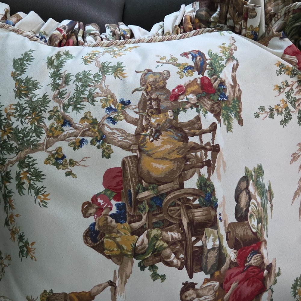French Country Toile Ruffled Throw Pillows with Rustic Scene - Picture 15 of 17